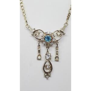 Vintage Necklace Or Brooch Gold with Blue & Clear Rhinestone Dangle RARE 1950s
